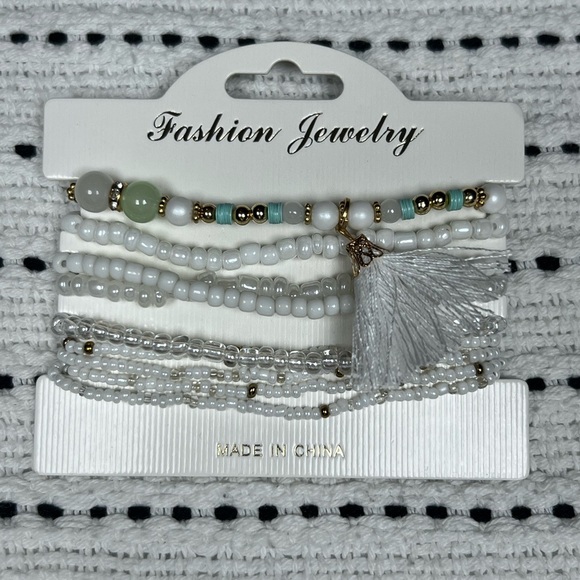 Boho White Pastel Bead Bracelet Set,elastic stretch bracelets, white tassel - Picture 2 of 2